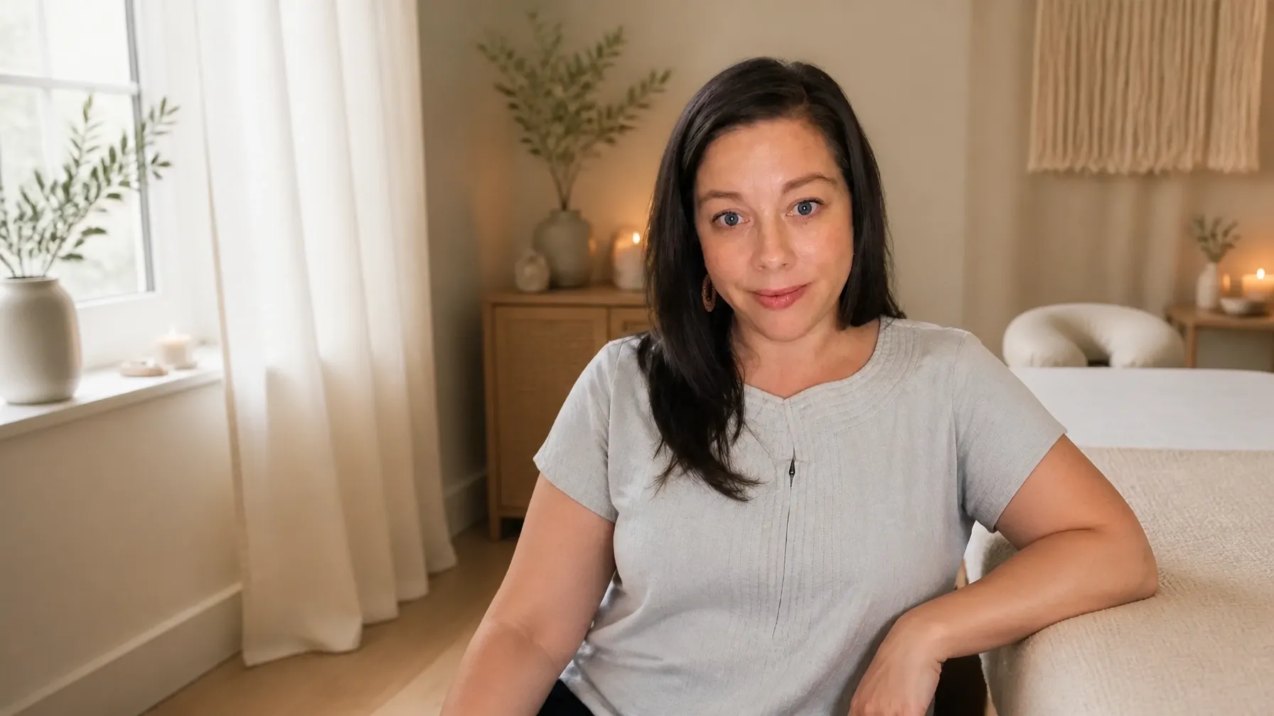 Ashley Yang seated beside a massage table in a calm spa room