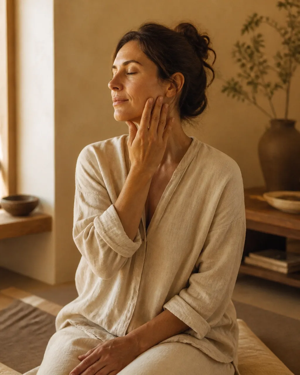 Guided jaw and neck self-care practice at home A woman gently practicing jaw and neck self-care at home in soft, natural light